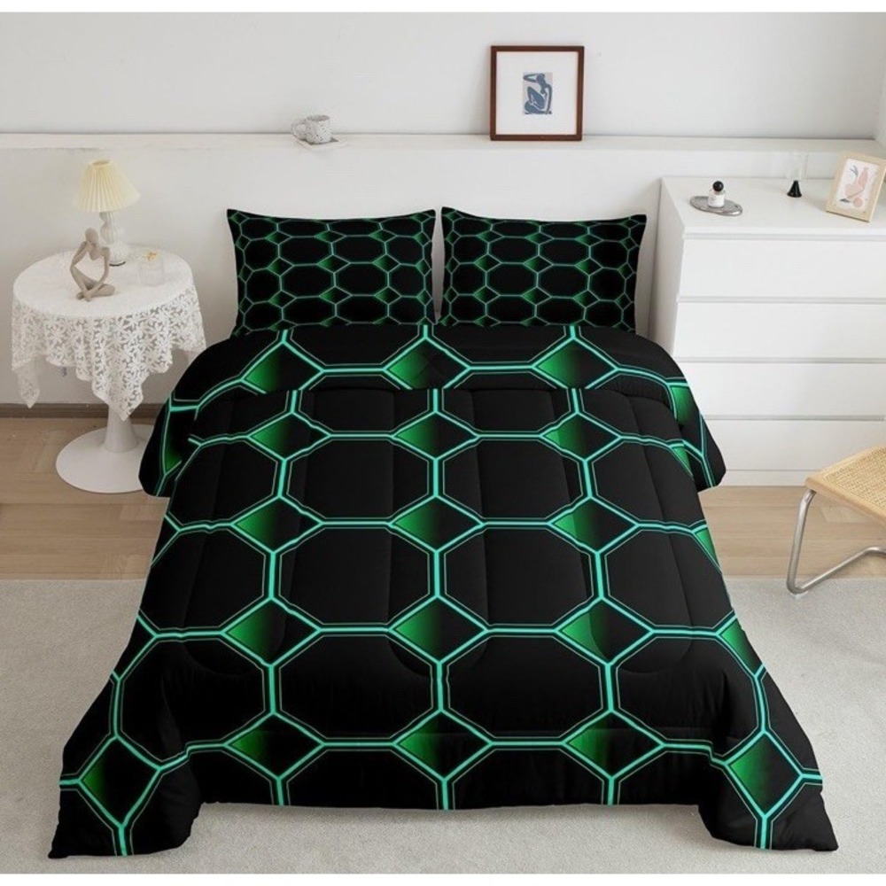 Hexagonal Bedding Set 3D Geometric Honeycomb Comforter Set Green Sz King